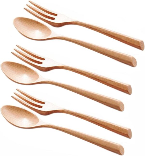 6Pcs Wood Soup Spoons And Forks Sets 7.5In Natural Wood Eating Utensils Wooden Flatware Set, Eco Friendly Wood Cutlery Wooden Dinner Fork And Spoon, 3 Spoons and 3 Forks