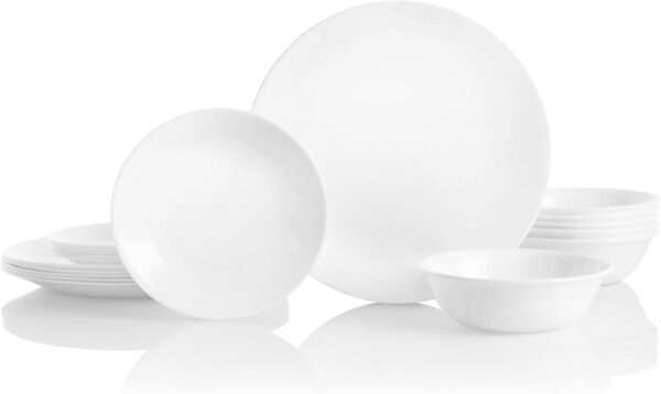18-Piece Service for 6 Dinnerware Set, Triple Layer Glass and Chip Resistant, Lightweight Round Plates and Bowls Set, Winter Frost White