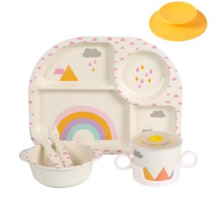 7Pcs/Set Bamboo Kids Dinnerware Set - Children Dishes - Food Plate Bowl Cup Spoon Fork Set Dishware, Cartoon Tableware, Dishwasher Safe Kids Healthy Mealtime,  Free