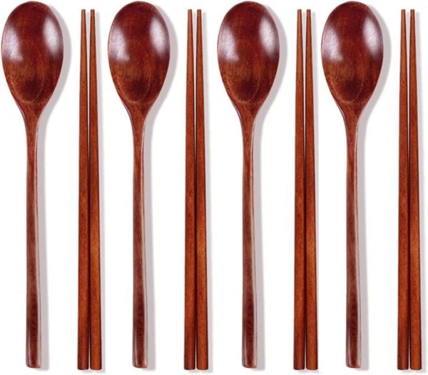 Wooden Chopsticks Spoon Set Korean Dinnerware Reusable Long Handle Spoons Chopsticks for Home Kitchen Restaurant (4 Sets)