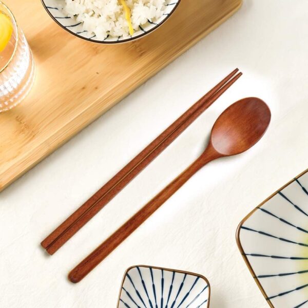 Wooden Chopsticks Spoon Set Korean Dinnerware Reusable Long Handle Spoons Chopsticks for Home Kitchen Restaurant (4 Sets) - Image 2