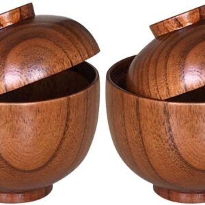Miso Bowl with Lid: 2pcs Wooden Japanese Bowls Lacquered Rice Bowls Traditional Soup Bowls Food Serving Bowl Salad Snack Bowls for Home Kitchen Restaurant Brown