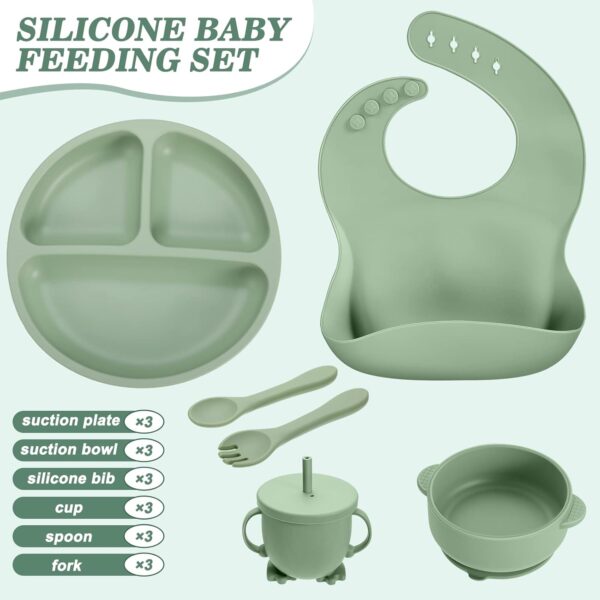 18 Pcs Silicone Baby Feeding Set Infant Dinnerware Adjustable Silicone Toddler Bibs Baby Plates and Bowls Set Suction Bowls Divided Plates Spoons Fork Cups Utensils(Beige, Pink, Navy Green) - Image 2