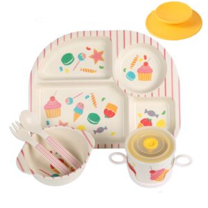 7Pcs/Set Bamboo Kids Dinnerware Set - Children Dishes - Food Plate Bowl Cup Spoon Fork Set Dishware, Cartoon Tableware, Dishwasher Safe Kids Healthy Mealtime,  Free