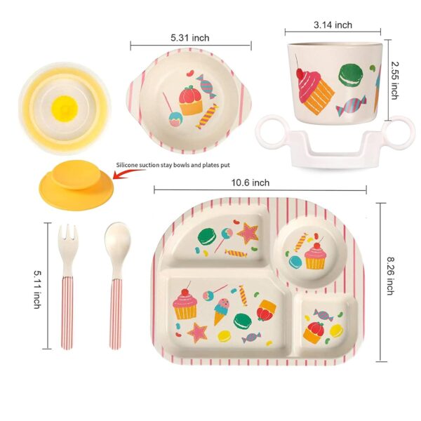 7Pcs/Set Bamboo Kids Dinnerware Set - Children Dishes - Food Plate Bowl Cup Spoon Fork Set Dishware, Cartoon Tableware, Dishwasher Safe Kids Healthy Mealtime,  Free - Image 2