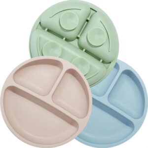 Divided Unbreakable Silicone Baby and Toddler Plates - 3 Pack - Non-Slip - Dishwasher and Microwave Safe - Silicone (Blue Green Brown)