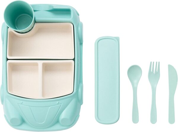 Kids garden Car Plate 8Pcs/Set Bamboo Children Dinnerware Sets - Dishwasher/Microwave Safe Includes Cutlery, Beautiful Plate, Separable Bowls & Cup , Light Green,