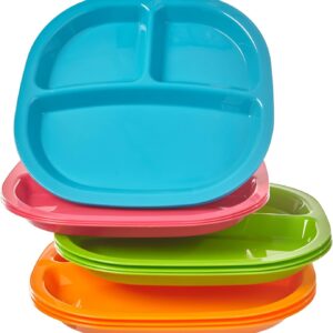 US Acrylic  3-compartment Divided Plastic Kids Tray in 4 Calypso Colors | set of 12 Reusable, -free Plates, Made in the USA, Microwave & Dishwasher Safe Dinnerware