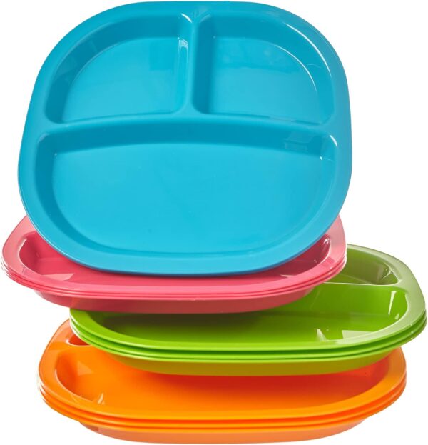 US Acrylic  3-compartment Divided Plastic Kids Tray in 4 Calypso Colors | set of 12 Reusable, -free Plates, Made in the USA, Microwave & Dishwasher Safe Dinnerware