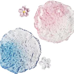 Crystal Glass Dessert Plates, Pink & Blue Clear Flower Snack Plate, 6 Inch Canape Plates for Appetizer, Ice Cream, Fruit, Salad Cake, Set of 2 Clear Glass Tableware, For Afternoon Tea, Wedding, Party