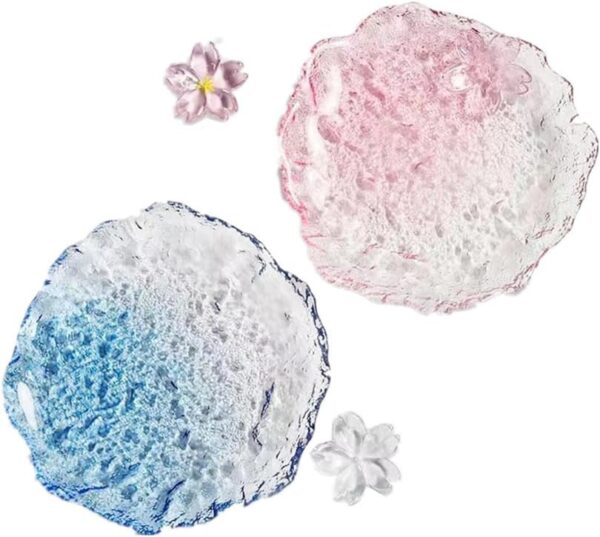 Crystal Glass Dessert Plates, Pink & Blue Clear Flower Snack Plate, 6 Inch Canape Plates for Appetizer, Ice Cream, Fruit, Salad Cake, Set of 2 Clear Glass Tableware, For Afternoon Tea, Wedding, Party