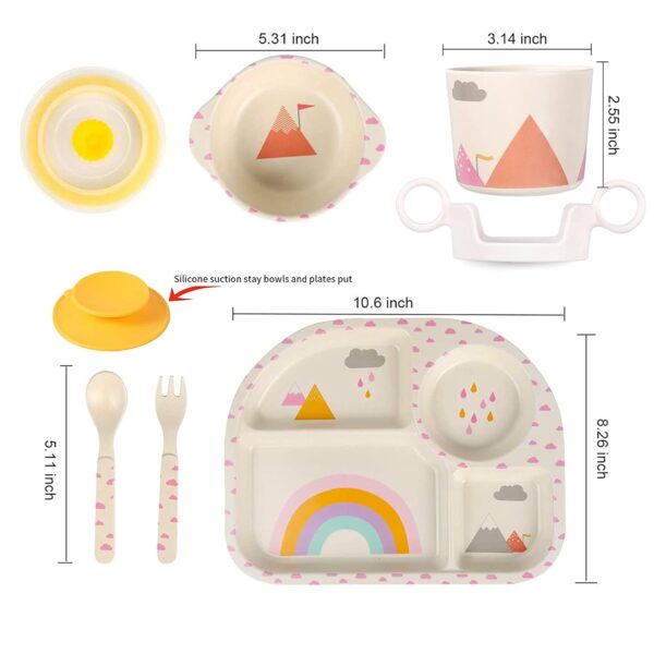 7Pcs/Set Bamboo Kids Dinnerware Set - Children Dishes - Food Plate Bowl Cup Spoon Fork Set Dishware, Cartoon Tableware, Dishwasher Safe Kids Healthy Mealtime,  Free - Image 2
