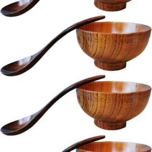 Wood Bowl Japanese Style Solid Wood Bowl Serving Tableware for Rice, Soup, Dip, Coffee, Tea, Decoration 4 Pcs (4 bowls + 4 spoons)