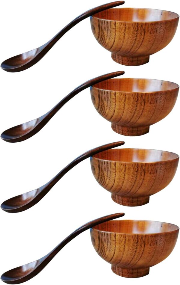 Wood Bowl Japanese Style Solid Wood Bowl Serving Tableware for Rice, Soup, Dip, Coffee, Tea, Decoration 4 Pcs (4 bowls + 4 spoons)