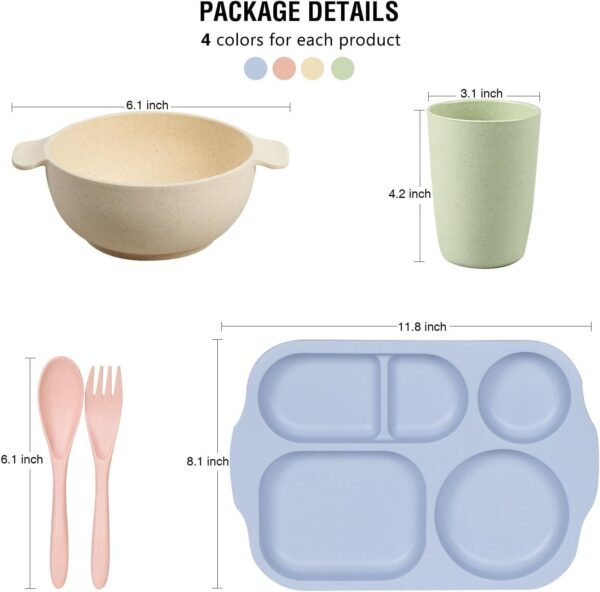 Wheat Straw Dinnerware Cutlery Set, 20 PCS Kids Toddlers Divided Plates and Bowls Sets, Microwave Unbreakable Tableware Spoon Knife Cup, Dishwasher Safe for Kitchen Picnic School - Image 2