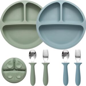 Baby Feeding Set, 2 Pack Silicone Divided Suction Plates for Baby, 2 Pack Spoons and Forks Set,  Free, Baby Led Weaning Supplies for Toddler Utensils