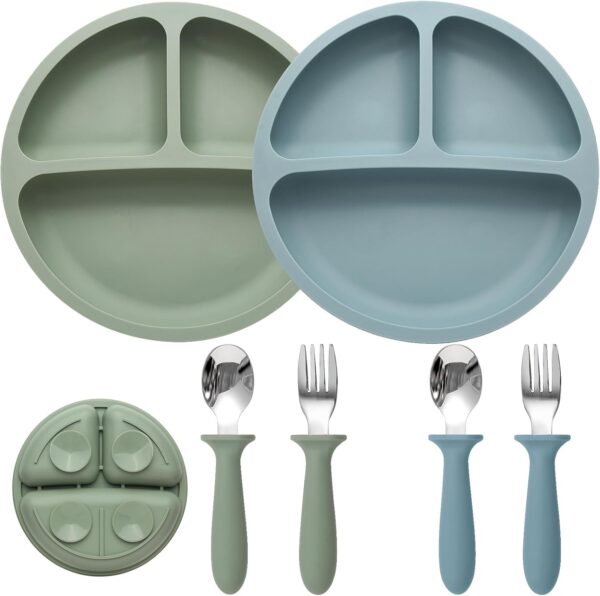 Baby Feeding Set, 2 Pack Silicone Divided Suction Plates for Baby, 2 Pack Spoons and Forks Set,  Free, Baby Led Weaning Supplies for Toddler Utensils
