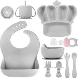 Silicone Baby Feeding Set, 10 Pcs Baby Led Weaning Supplies Suction Bowl Divided Plate Baby Bibs Fruit feeder Pacifier Baby Spoons Forks Sippy Cup Utensil Sets Baby Essentials for Newborn Grey