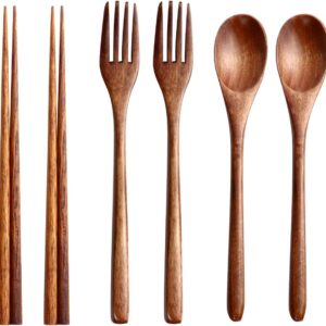 6 Pcs Wooden Flatware Tableware Cutlery Set Travel Utensils Wooden Fork Spoon Chopsticks Reusable Flatware Utensils for Kitchen Dinning Table