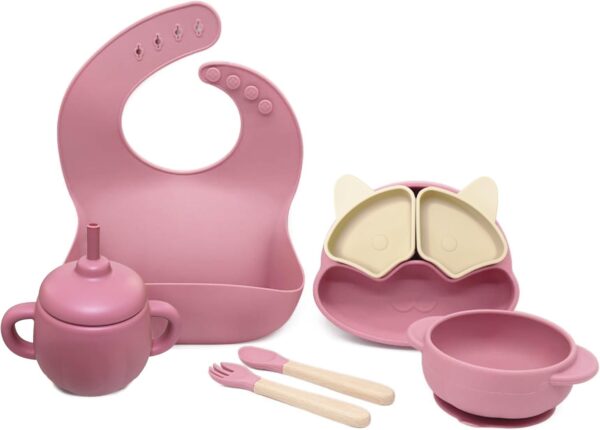 A 6-piece  Free Children Tableware Custom Silicone Bowl Weaning Suction Plate Baby And Toddler Feeding Set (Dark pink) - Image 2