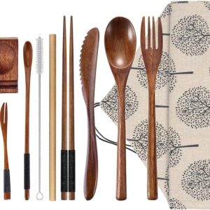 Wooden Utensil Flatware Set Reusable Utensils Travel Cutlery Set for Eating with Case, 10 Pcs Wooden Spoon and Fork Set Bamboo Flatware Set with Wooden Knife, Fork, Spoon, Chopsticks, Straws and Brush