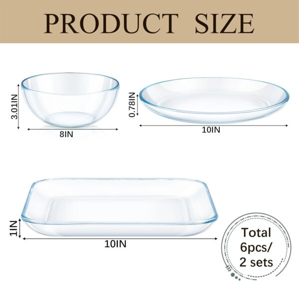 6 Pcs Clear Glass Dinnerware Set Glass Plates and Bowls with Blue Tint Round Square Tempered Glass Plates 10'' and Kitchen Serving Bowl 8'' for Dessert, Salad, Fruit,dishwasher and Microwave Safe - Image 2