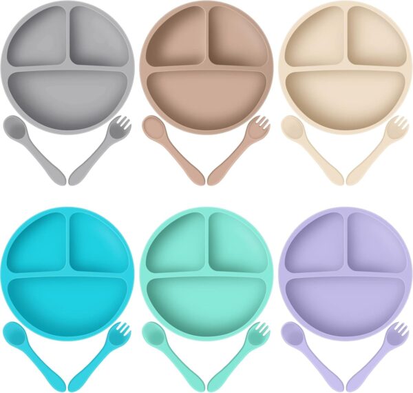6 Pack Suction Plates for Baby with Spoon Fork Divided Toddler Plate with Suction Silicone Baby Self Feeding Set for Boys Girls (Gray, Green, Blue, Beige, Khaki, Purple)