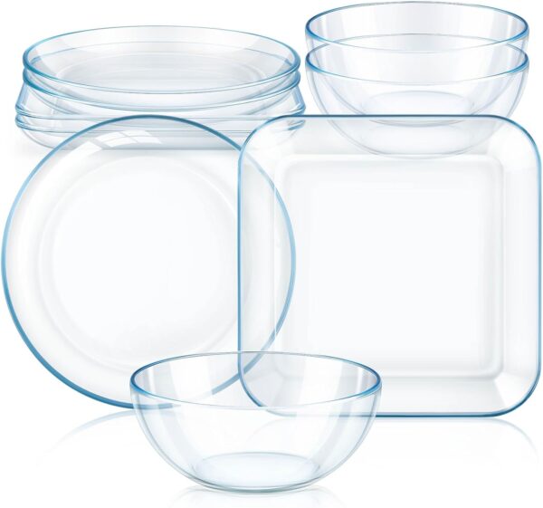 6 Pcs Clear Glass Dinnerware Set Glass Plates and Bowls with Blue Tint Round Square Tempered Glass Plates 10'' and Kitchen Serving Bowl 8'' for Dessert, Salad, Fruit,dishwasher and Microwave Safe