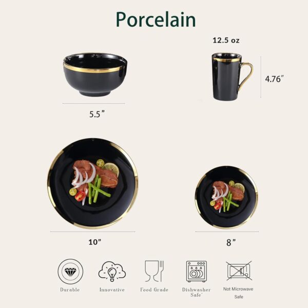 Modern Porcelain 16 Piece Black and Gold Dinnerware Set, Plates and Bowls Set,Dish set for 4, Black and Golden Rim. - Image 2