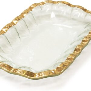 Ruffle 11.25 x 7 Inch Rectangular Bowl with 24k Gold, Timeless Glass Tableware for all Occasions, Made in the USA