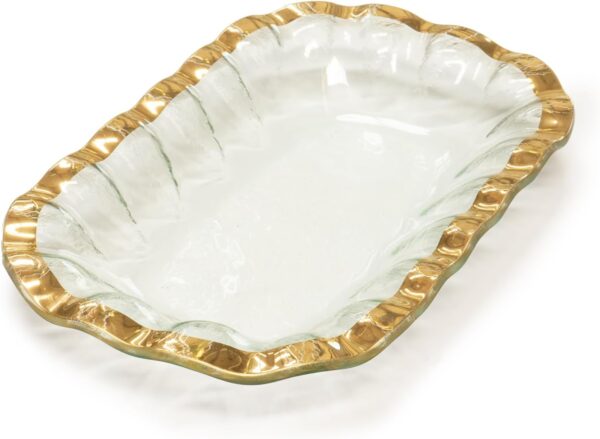 Ruffle 11.25 x 7 Inch Rectangular Bowl with 24k Gold, Timeless Glass Tableware for all Occasions, Made in the USA