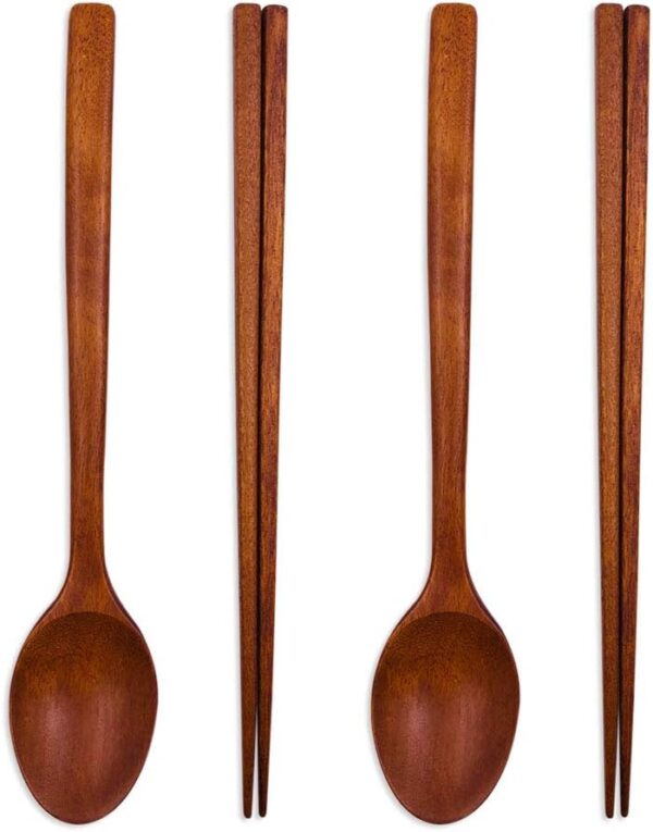 Handmade Wooden Spoon ChopSticks Cutlery Set, High-Grade Reusable Korean Tableware Combinations Utensil (Brown 2 Set)