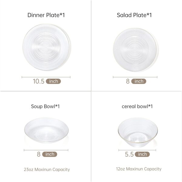 Hand Blown Clear Glass Plates and Bowls Set,4 Piece Glass Dinnerware Set Service for 1,Gold Rim Round Glass Dishware Set,Easy to store and clean,Series Waterline - Image 2