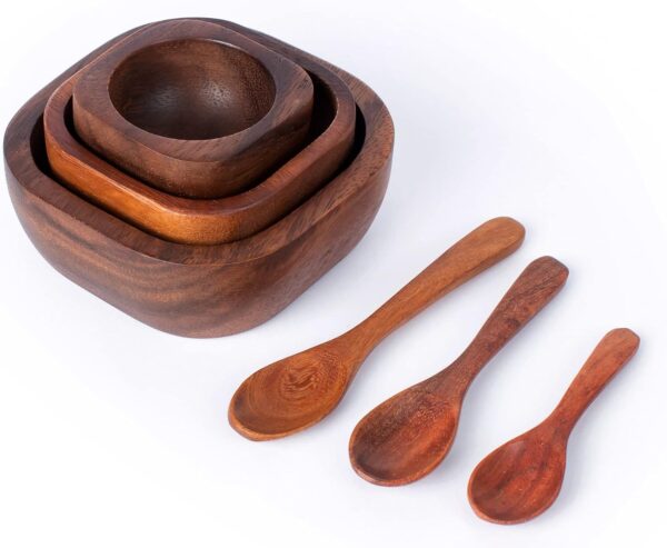 Tiny Nesting Square Wood Bowls Mix Size 3¾”, 2¾”, 2⅛” Stackable Acacia Wooden Bowl Set with 3 spoons for serving salad dip sauce snack rice pasta cereal Decor Tableware Nest Dish Sets
