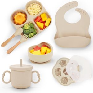 Silicone Baby Feeding Set, Baby Led Weaning Supplies, Baby Food Tableware Silicone Suction Plate, Bowl, Spoons, Fork, Waterproof Bib, Cup & Complementary Food Cake Mold, Baby Eating Utensils
