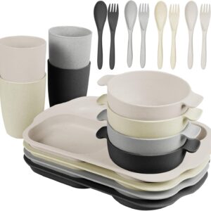 Kids Toddlers Plates and Bowls Sets, 20 PCS Wheat Straw Dinnerware Cutlery Set, Unbreakable Tableware Divided Plate Spoon Knife Cup, Reusable Utensils Set for Kitchen Picnic School