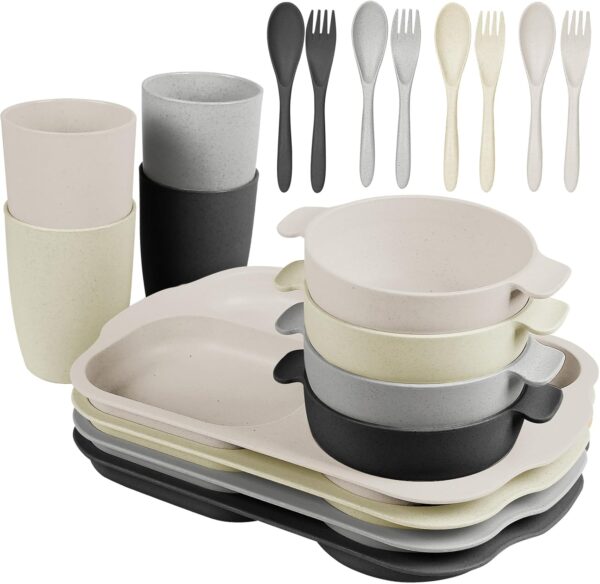 Kids Toddlers Plates and Bowls Sets, 20 PCS Wheat Straw Dinnerware Cutlery Set, Unbreakable Tableware Divided Plate Spoon Knife Cup, Reusable Utensils Set for Kitchen Picnic School