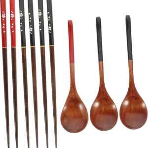 3Sets Japanese Style Wooden Chopsticks and Spoons Dining Cutlery for Home Travel and Picnics Easy to Clean present for Friends and Family