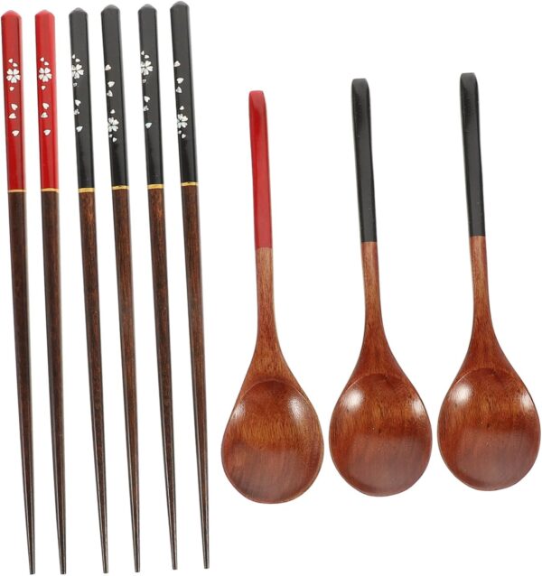 3Sets Japanese Style Wooden Chopsticks and Spoons Dining Cutlery for Home Travel and Picnics Easy to Clean present for Friends and Family