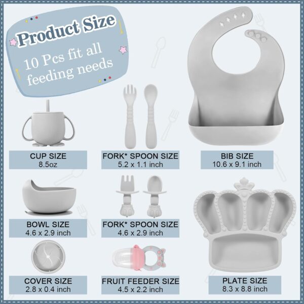 Silicone Baby Feeding Set, 10 Pcs Baby Led Weaning Supplies Suction Bowl Divided Plate Baby Bibs Fruit feeder Pacifier Baby Spoons Forks Sippy Cup Utensil Sets Baby Essentials for Newborn Grey - Image 2