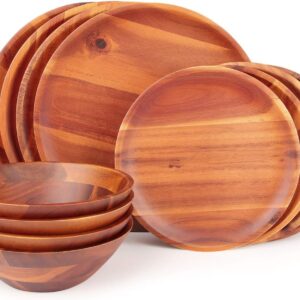 Wood Dinnerware Set 12pcs Acacia Wood Tableware Set, Dishes Set for 4
