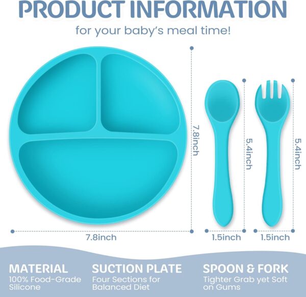 6 Pack Suction Plates for Baby with Spoon Fork Divided Toddler Plate with Suction Silicone Baby Self Feeding Set for Boys Girls (Gray, Green, Blue, Beige, Khaki, Purple) - Image 2