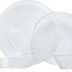 Hand Blown Clear Glass Plates and Bowls Set,4 Piece Glass Dinnerware Set Service for 1,Gold Rim Round Glass Dishware Set,Easy to store and clean,Series Waterline