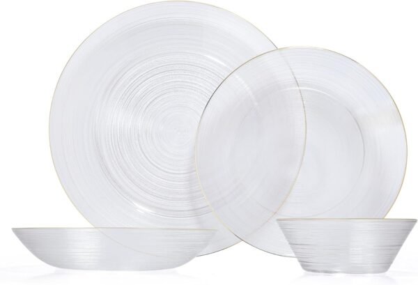 Hand Blown Clear Glass Plates and Bowls Set,4 Piece Glass Dinnerware Set Service for 1,Gold Rim Round Glass Dishware Set,Easy to store and clean,Series Waterline