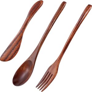Wooden Set Flatware Cutlery Set for Eating 3 Pieces Set Kitchen Utensils Wooden Cooking Utensils Spoons and Forks Wooden Butter Knife Spatulas with Thickened Solid Wood for Cereal Cheese Butter