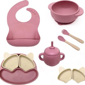 A 6-piece  Free Children Tableware Custom Silicone Bowl Weaning Suction Plate Baby And Toddler Feeding Set (Dark pink)