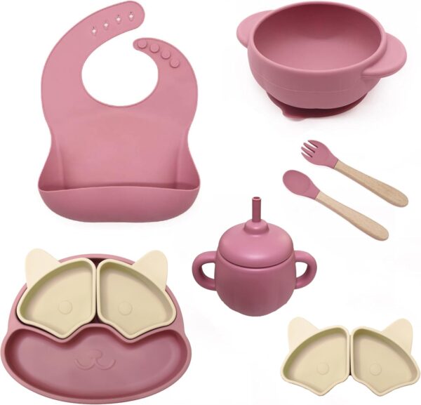 A 6-piece  Free Children Tableware Custom Silicone Bowl Weaning Suction Plate Baby And Toddler Feeding Set (Dark pink)