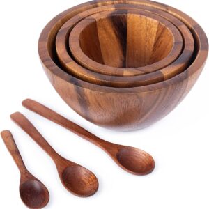 Tiny Nesting Round Wood Bowls Mix Size 4", 5", 6" Stackable Acacia Wooden Bowl Set with 3 spoons for serving salad dip sauce snack rice pasta cereal Decor Tableware Nested Dish Sets