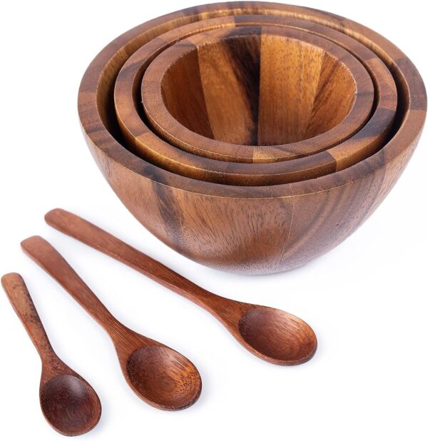 Tiny Nesting Round Wood Bowls Mix Size 4", 5", 6" Stackable Acacia Wooden Bowl Set with 3 spoons for serving salad dip sauce snack rice pasta cereal Decor Tableware Nested Dish Sets
