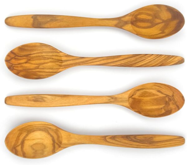 WONDERFUL 100% Natural Olive Wood Spoon, 7 Inch Wooden Spoons for Eating, Perfect for Mustard/Sugar/Salt/Honey/Soup/Tea/Coffee/Smooth/Dessert, Safe & non-toxic Spoons for Kids (4)